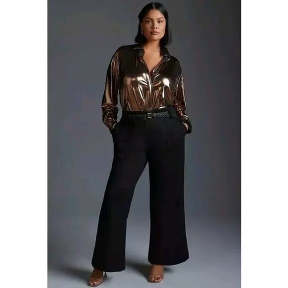 Anthropologie Maeve Naomi Ponte Wide-Leg Flare Pants Black Size 10 - Picture 1 of 5